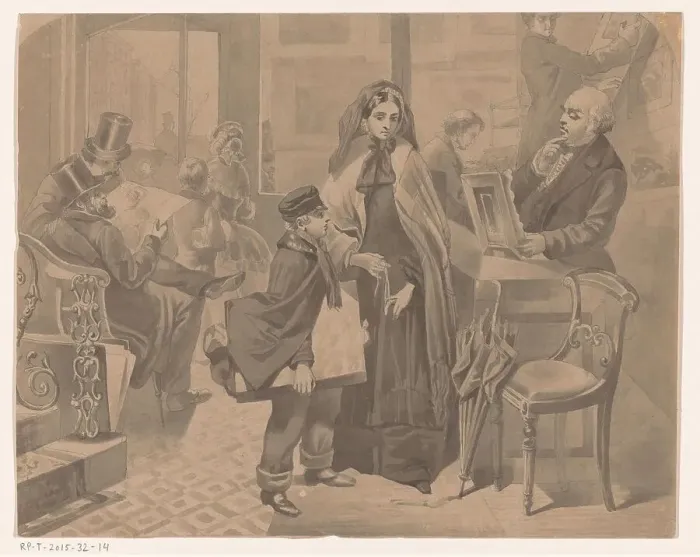Framed Print : Mother and son with an art dealer, 1857-c.1900. Creator: Anon Framed Print : Mother and son with an art dealer, 1857-c.1900. Creator: Anon