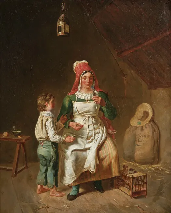 Framed Print : Mother and son with a bird. Creator: Anna Geneviève Greuze Framed Print : Mother and son with a bird. Creator: Anna Geneviève Greuze