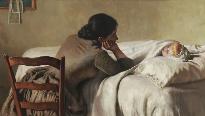 Framed Print : A Mother Watching Over Her Child, 1890. Creator: Di Giovanni, Luigi (1856-1938) Framed Print : A Mother Watching Over Her Child, 1890. Creator: Di Giovanni, Luigi (1856-1938)