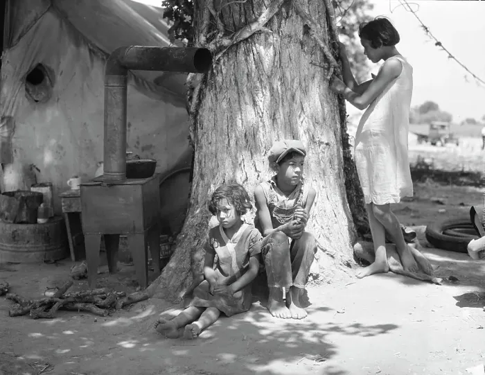 Framed Print : Motherless migrant children - they work in the cotton, 1935. Creator: Dorothea Lange Framed Print : Motherless migrant children - they work in the cotton, 1935. Creator: Dorothea Lange