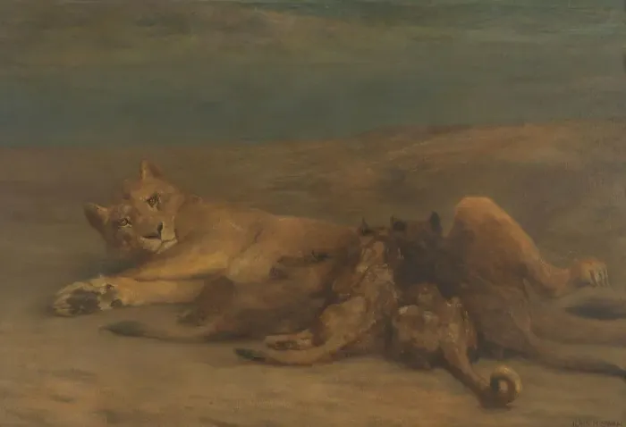 Framed Print : Mother's Love - lioness with four nursing cubs, 1870-1904. Creator: John MacAllan Swan Framed Print : Mother's Love - lioness with four nursing cubs, 1870-1904. Creator: John MacAllan Swan