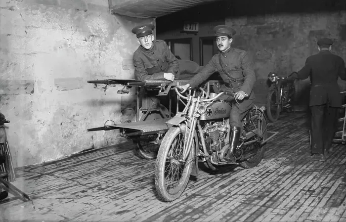 Framed Print : Motor Cycle Ambulance, Hero Land, 1917. Creator: Bain News Service Framed Print : Motor Cycle Ambulance, Hero Land, 1917. Creator: Bain News Service