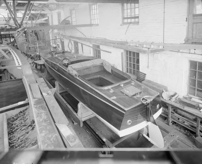 Framed Print : Motor launch in boatyard shed, 1913. Creator: Kirk & Sons of Cowes Framed Print : Motor launch in boatyard shed, 1913. Creator: Kirk & Sons of Cowes