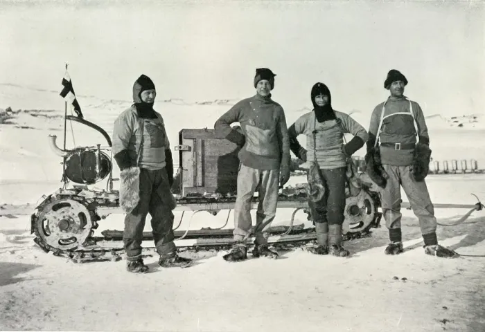 Framed Print : The Motor Party (Left to right - Lashly, B. C. Day, Lieut. Evans, Hooper), October 1911, (1913) Framed Print : The Motor Party (Left to right - Lashly, B. C. Day, Lieut. Evans, Hooper), October 1911, (1913)