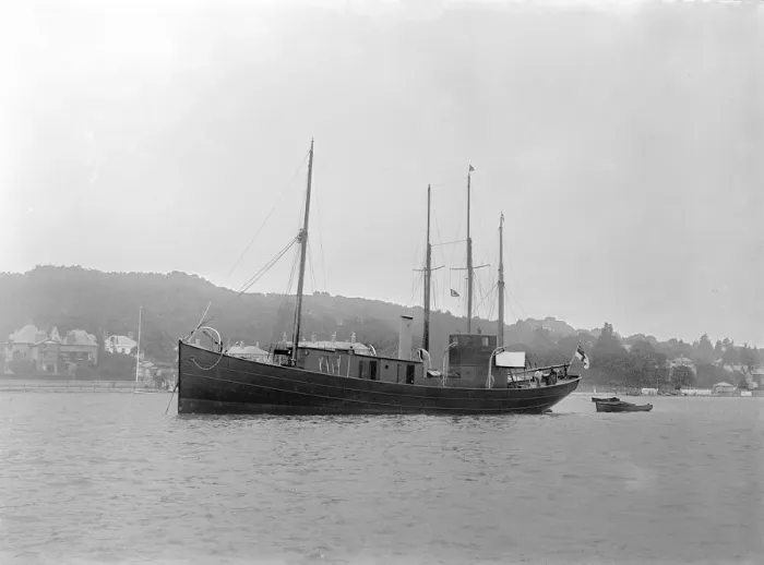 Framed Print : The motor yacht Pleosaurus at anchor, 1922. Creator: Kirk & Sons of Cowes Framed Print : The motor yacht Pleosaurus at anchor, 1922. Creator: Kirk & Sons of Cowes