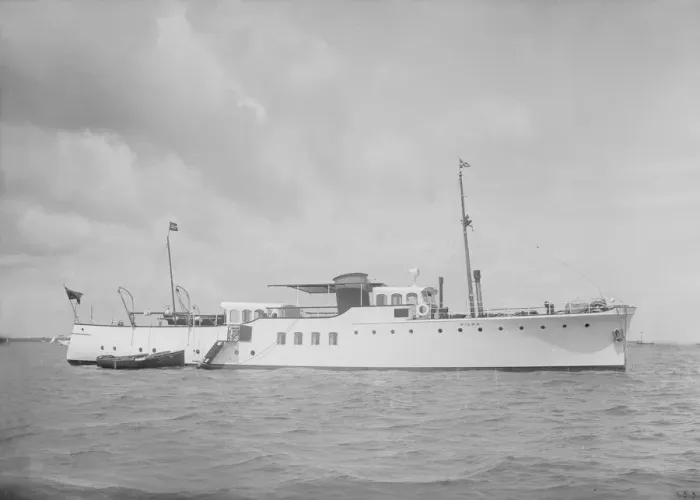 Framed Print : The motor yacht Wilma at anchor, 1936. Creator: Kirk & Sons of Cowes Framed Print : The motor yacht Wilma at anchor, 1936. Creator: Kirk & Sons of Cowes
