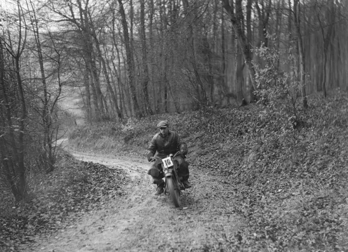 Framed Print : Motorcycle competing in the Inter-Varsity Trial, November 1931. Artist: Bill Brunell Framed Print : Motorcycle competing in the Inter-Varsity Trial, November 1931. Artist: Bill Brunell