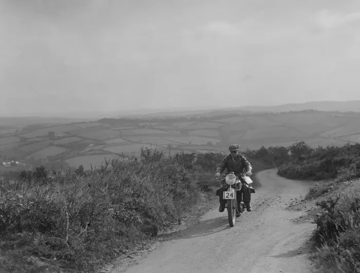 Framed Print : Motorcycle competing in the MCC Torquay Rally, 1938. Artist: Bill Brunell Framed Print : Motorcycle competing in the MCC Torquay Rally, 1938. Artist: Bill Brunell