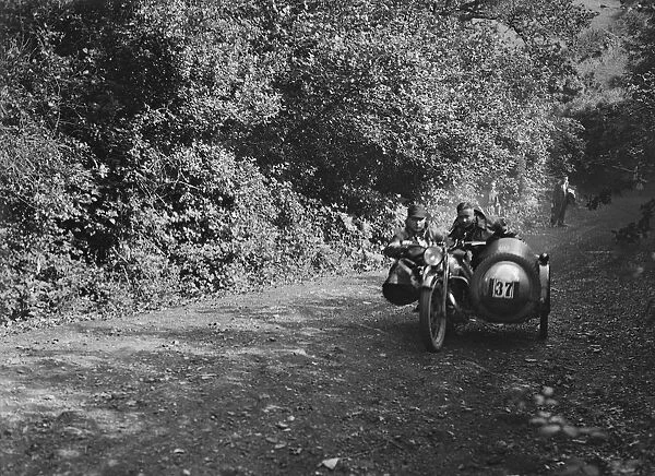 Motorcycle and sidecar of HD Jongs, Brighton and Hove Motor Club Brighton-Beer Trial, 1930