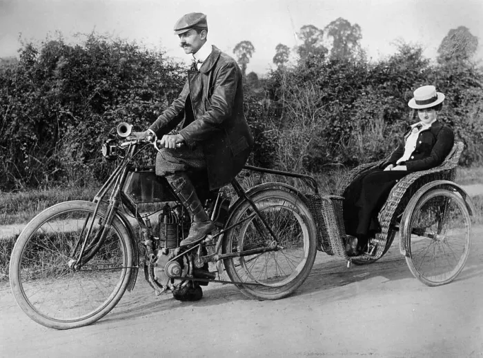 Framed Print : A motorcycle with a trailer, c1903 Framed Print : A motorcycle with a trailer, c1903