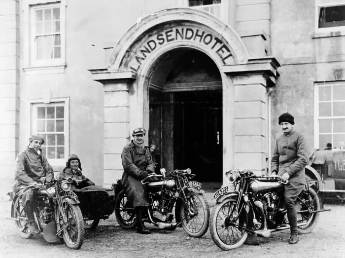 Framed Print : Motorcyclists with Mk1 Brough Superiors outside the Land's End Hotel, Cornwall, 1921 Framed Print : Motorcyclists with Mk1 Brough Superiors outside the Land's End Hotel, Cornwall, 1921