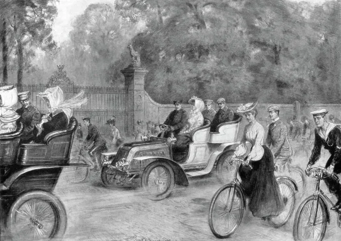 Framed Print : Motors and cycles in Kensington High Street, London, 1903. Artist: Percy Spence Framed Print : Motors and cycles in Kensington High Street, London, 1903. Artist: Percy Spence