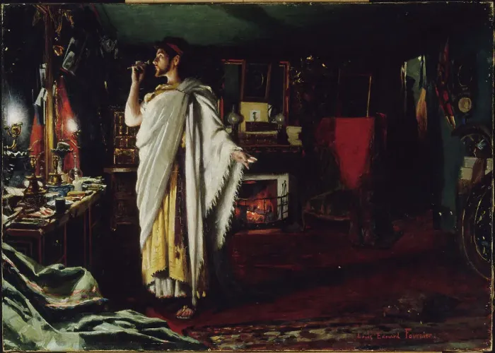 Framed Print : Mounet-Sully putting on makeup in her dressing room before a performance of Oedipus the King, 1893 Creator: Unknown. Mounet-Sully putting on makeup in her dressing room before a performance of Oedipus the King, 1893 Creator: Unknown