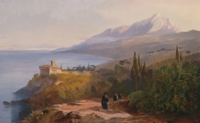 Framed Print : Mount Athos and the Monastery of Stavroniketes, 1857. Creator: Edward Lear Framed Print : Mount Athos and the Monastery of Stavroniketes, 1857. Creator: Edward Lear