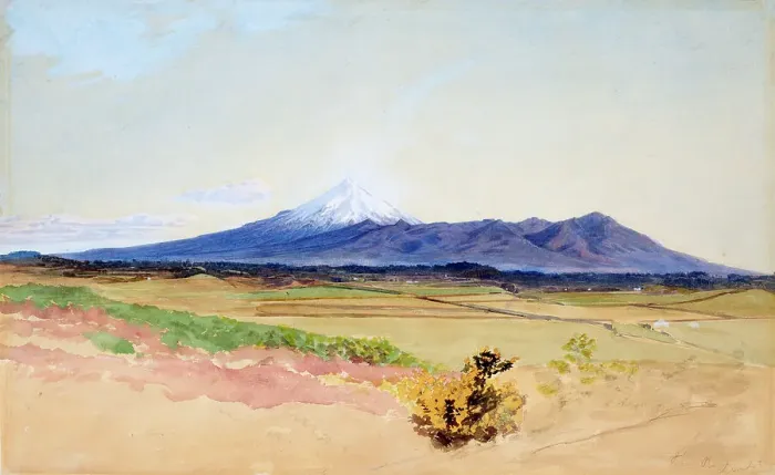 Framed Print : Mount Egmont and Pouakai, from New Plymouth, c1858. Creator: James Crowe Richmond Framed Print : Mount Egmont and Pouakai, from New Plymouth, c1858. Creator: James Crowe Richmond