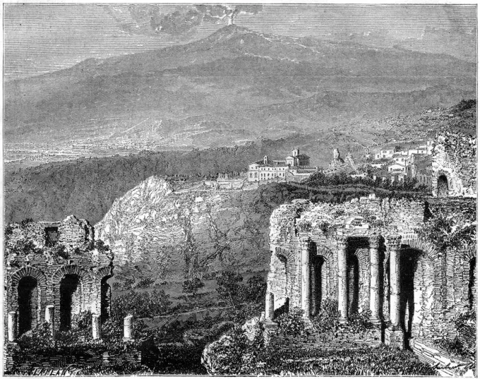 Framed Print : Mount Etna and a view of Taormina, Sicily, Italy, 19th century. Artist: Hubert Clerget Framed Print : Mount Etna and a view of Taormina, Sicily, Italy, 19th century. Artist: Hubert Clerget