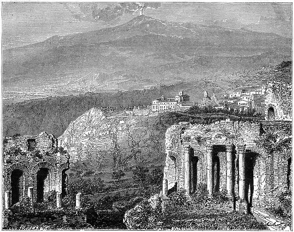 Mount Etna and a view of Taormina, Sicily, Italy, 19th century. Artist: Hubert Clerget