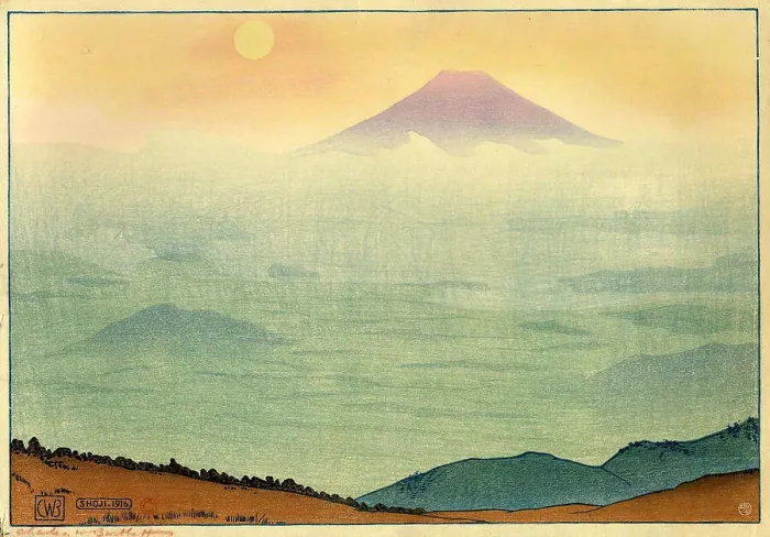 Framed Print : Mount Fuji seen from Lake Shoji, 1916. Creator: Bartlett, Charles William (1860-1940) Framed Print : Mount Fuji seen from Lake Shoji, 1916. Creator: Bartlett, Charles William (1860-1940)