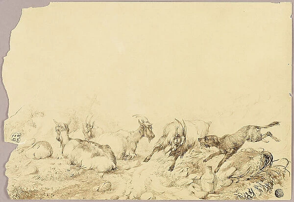 Mountain Goats and Dog, 18th century. Creator: Allwaert of Ghent