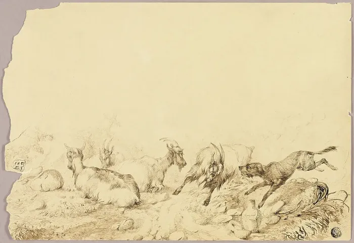 Framed Print : Mountain Goats and Dog, 18th century. Creator: Allwaert of Ghent Framed Print : Mountain Goats and Dog, 18th century. Creator: Allwaert of Ghent