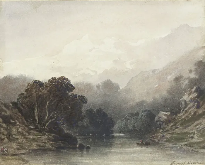 Framed Print : Mountain lake in the shadow of dark trees, behind it light hills and snowy peaks, 1800-1900. Creator: Ernest Ciceri Framed Print : Mountain lake in the shadow of dark trees, behind it light hills and snowy peaks, 1800-1900. Creator: Ernest Ciceri