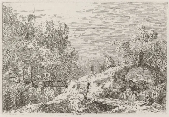 Framed Print : Mountain Landscape with Five Bridges [lower right], c. 1735  /  1746. Creator: Canaletto