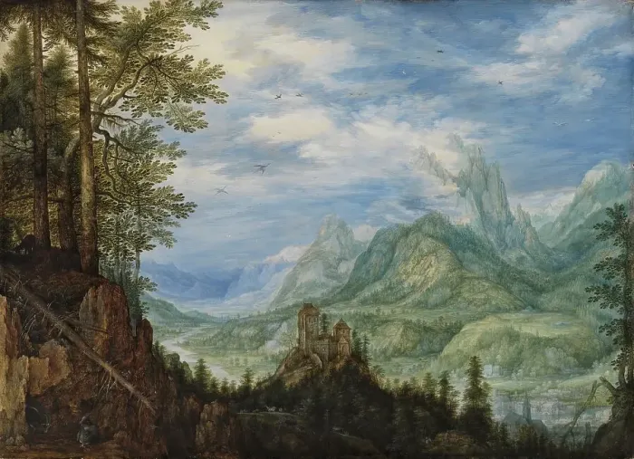 Framed Print : Mountain Landscape with a Castle, 1609. Creator: Roelandt Savery Framed Print : Mountain Landscape with a Castle, 1609. Creator: Roelandt Savery