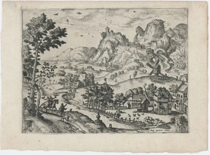 Framed Print : Mountain Landscape with Falconers, ca. 1570. ca. 1570. Creators: Anon, Lucas Gassel Framed Print : Mountain Landscape with Falconers, ca. 1570. ca. 1570. Creators: Anon, Lucas Gassel