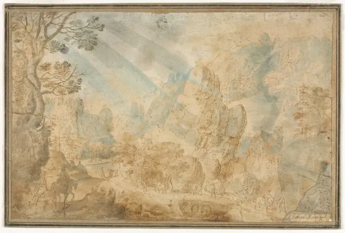 Framed Print : Mountain Landscape with Figures, first half 1600s Framed Print : Mountain Landscape with Figures, first half 1600s