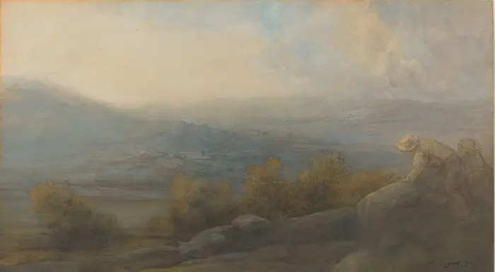 Framed Print : Mountain Landscape with two Figures at the Right, 1905. Creator: Alphonse Legros Framed Print : Mountain Landscape with two Figures at the Right, 1905. Creator: Alphonse Legros