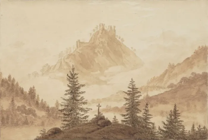 Framed Print : Mountain landscape with fog in the valley, ca 1805. Creator: Friedrich, Caspar David (1774-1840)