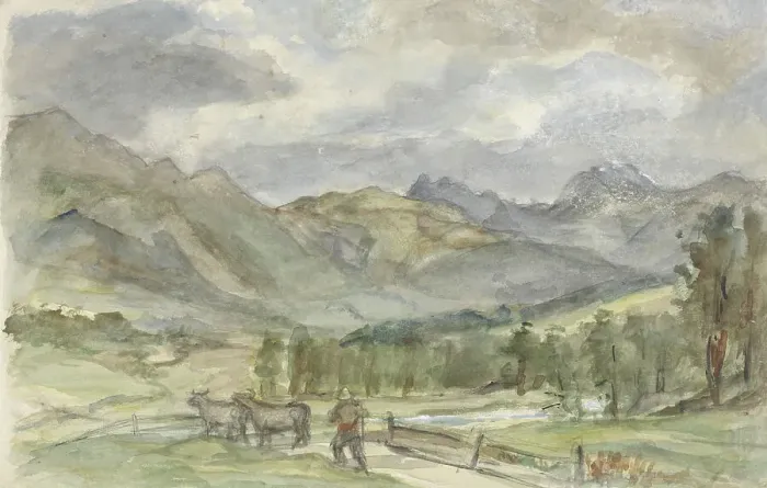 Framed Print : Mountain landscape with herdsman and two cows, 1834-1911. Creator: Jozef Israels Framed Print : Mountain landscape with herdsman and two cows, 1834-1911. Creator: Jozef Israels
