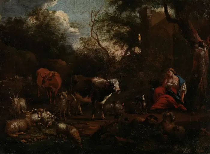 Framed Print : Mountain Landscape with Resting Woman, probably between 1710 and 1760. Creator: Jan van Gool Framed Print : Mountain Landscape with Resting Woman, probably between 1710 and 1760. Creator: Jan van Gool