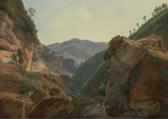 Framed Print : Mountain Landscape with Road to Naples, about 1821-1825. Creator: Charles Remond Framed Print : Mountain Landscape with Road to Naples, about 1821-1825. Creator: Charles Remond