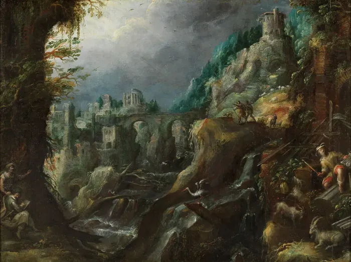 Framed Print : Mountain landscape with rushing river, classical ruins and shepherds, 1590s. Creator: Lambert Doomer