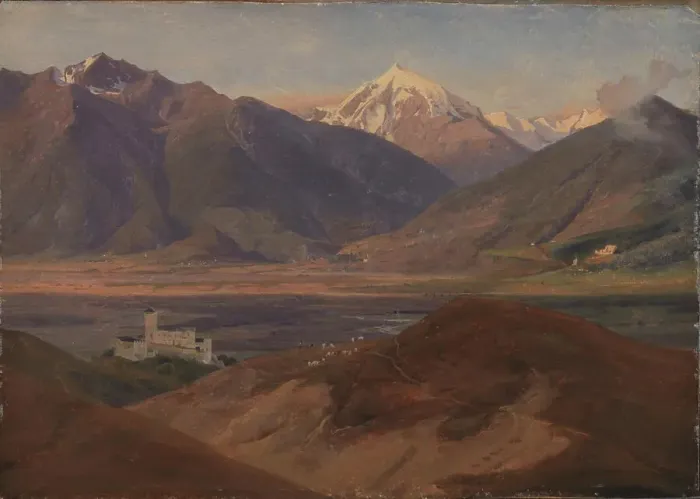 Framed Print : Mountain Landscape in Venosta with the Castle Coira and the Mountain Ortles, 1829-1831. Creator: Jorgen Sonne Framed Print : Mountain Landscape in Venosta with the Castle Coira and the Mountain Ortles, 1829-1831. Creator: Jorgen Sonne
