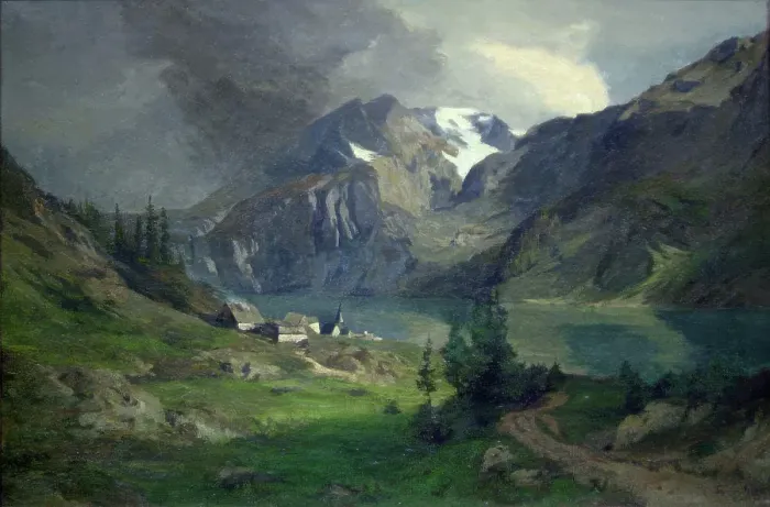 Framed Print : Mountain landscape with Village, 1873. Creator: Thorben Viking Bille Framed Print : Mountain landscape with Village, 1873. Creator: Thorben Viking Bille
