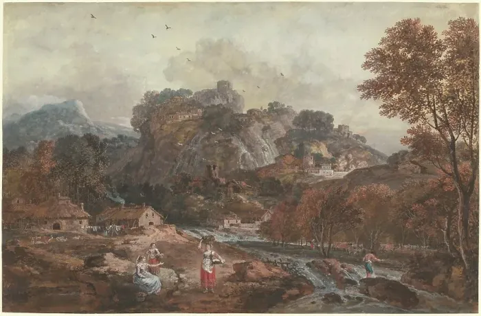 Framed Print : Mountain Landscape with Washerwomen and a Fisherman, 1762 / 1765. Creator: Francesco Zuccarelli Framed Print : Mountain Landscape with Washerwomen and a Fisherman, 1762 / 1765. Creator: Francesco Zuccarelli