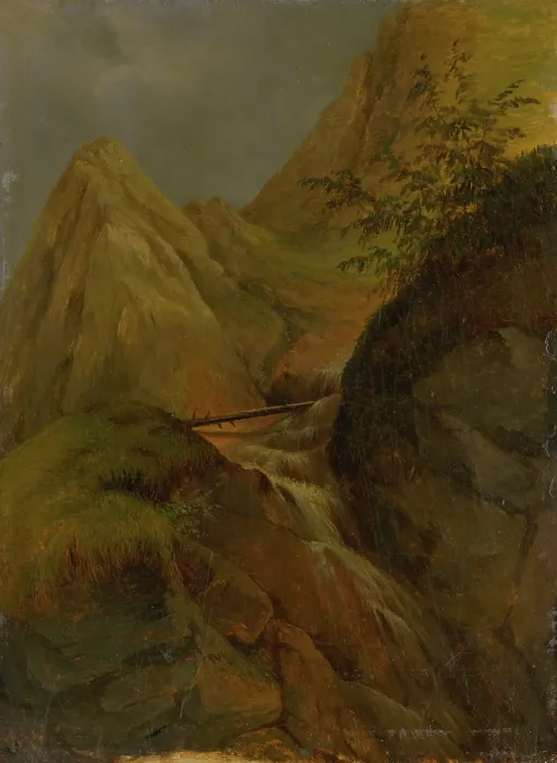 Framed Print : Mountain landscape with waterfall, c1860. Creator: Jozef Bozetech Klemens Framed Print : Mountain landscape with waterfall, c1860. Creator: Jozef Bozetech Klemens