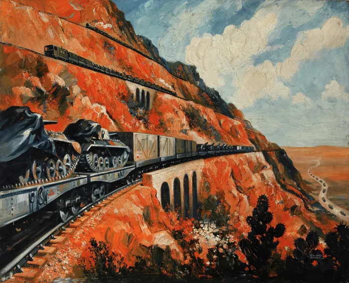 Framed Print : Mountain railway transporting tanks, between 1939 and 1946. Creators: Central Office of Information, Roland Davies Framed Print : Mountain railway transporting tanks, between 1939 and 1946. Creators: Central Office of Information, Roland Davies