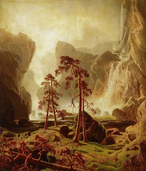 Framed Print : Mountain range and waterfall, 1851. Creator: Markus Larsson Framed Print : Mountain range and waterfall, 1851. Creator: Markus Larsson