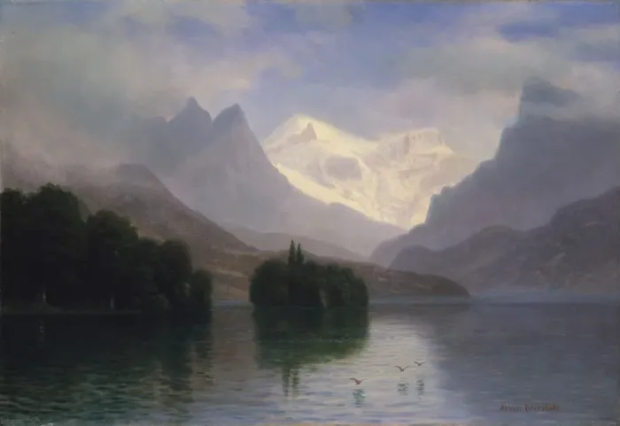 Framed Print : Mountain Scene, 1880-90. Creator: Albert Bierstadt Framed Print : Mountain Scene, 1880-90. Creator: Albert Bierstadt