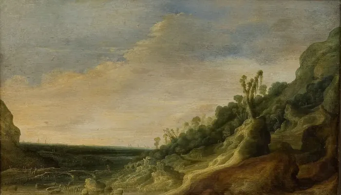 Framed Print : Mountain Scenery with a View of a River and the Sea, 1634-1734. Creator: Jacob Jacobsz. Van Geel Framed Print : Mountain Scenery with a View of a River and the Sea, 1634-1734. Creator: Jacob Jacobsz. Van Geel