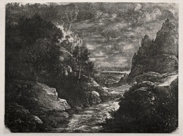 Framed Print : The Mountain Stream, 1871. Creator: Rodolphe Bresdin (French, 1822-1885) Framed Print : The Mountain Stream, 1871. Creator: Rodolphe Bresdin (French, 1822-1885)