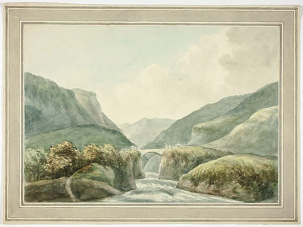 Mountain Town by Bridge Spanning Rapids, 1769-1831. Creator: Unknown