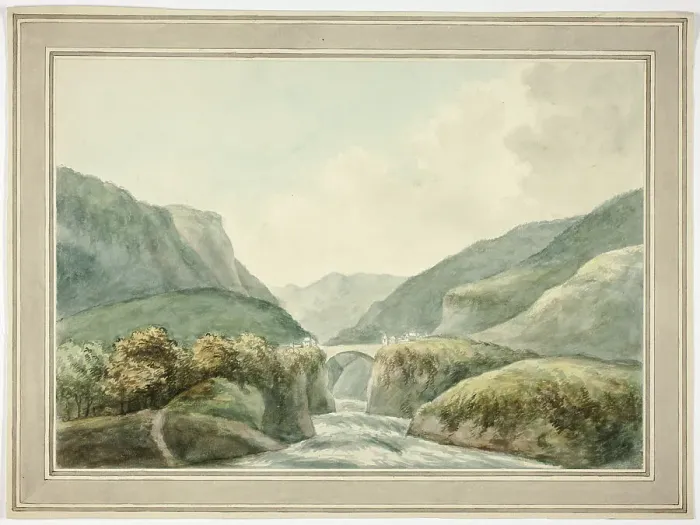 Framed Print : Mountain Town by Bridge Spanning Rapids, 1769-1831. Creator: Unknown Framed Print : Mountain Town by Bridge Spanning Rapids, 1769-1831. Creator: Unknown