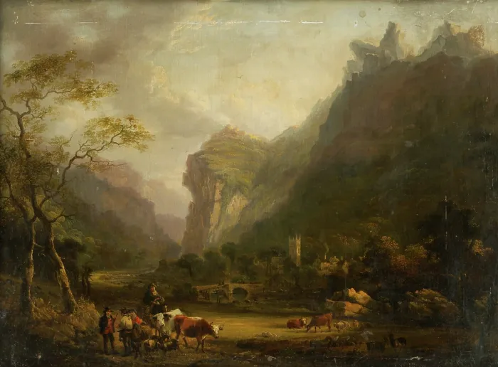 Framed Print : Mountain Valley with a Figural Group in the Foreground, 1800-1820. Creator: Unknown Framed Print : Mountain Valley with a Figural Group in the Foreground, 1800-1820. Creator: Unknown