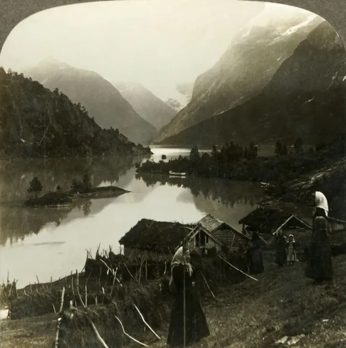 Framed Print : Mountain-walled Loen Lake - unrivalled in beauty and grandeur - from Seten farm, Norway, c1905 Framed Print : Mountain-walled Loen Lake - unrivalled in beauty and grandeur - from Seten farm, Norway, c1905