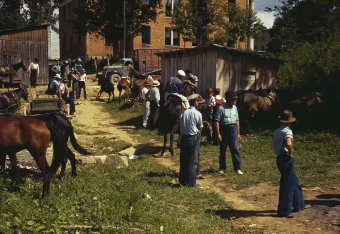 Framed Print : Mountaineers and farmers trading mules and horses on Jockey St. Campton, Wolfe County, Ky. 1940 Creator: Marion Post Wolcott Framed Print : Mountaineers and farmers trading mules and horses on Jockey St. Campton, Wolfe County, Ky. 1940 Creator: Marion Post Wolcott