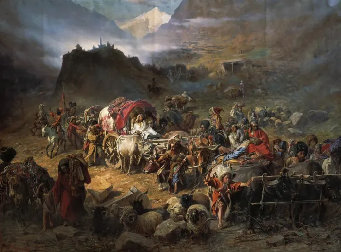 Framed Print : The mountaineers leave the aul before approach of the Russian army, 1872. Artist: Grusinsky, Pyotr Nikolayevich (1837-1892) Framed Print : The mountaineers leave the aul before approach of the Russian army, 1872. Artist: Grusinsky, Pyotr Nikolayevich (1837-1892)